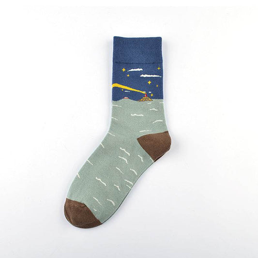 Personality Tide Socks Lighthouse Tide Socks Combed Cotton Embroidered Tube Socks - Mubimart