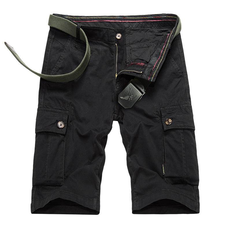 Mens Outdoor Big Pockets Solid Color Knee Length Cargo Pants Casual Cotton Beach Shorts - Mubimart