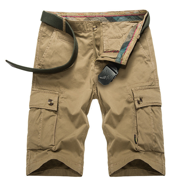 Mens Outdoor Big Pockets Solid Color Knee Length Cargo Pants Casual Cotton Beach Shorts