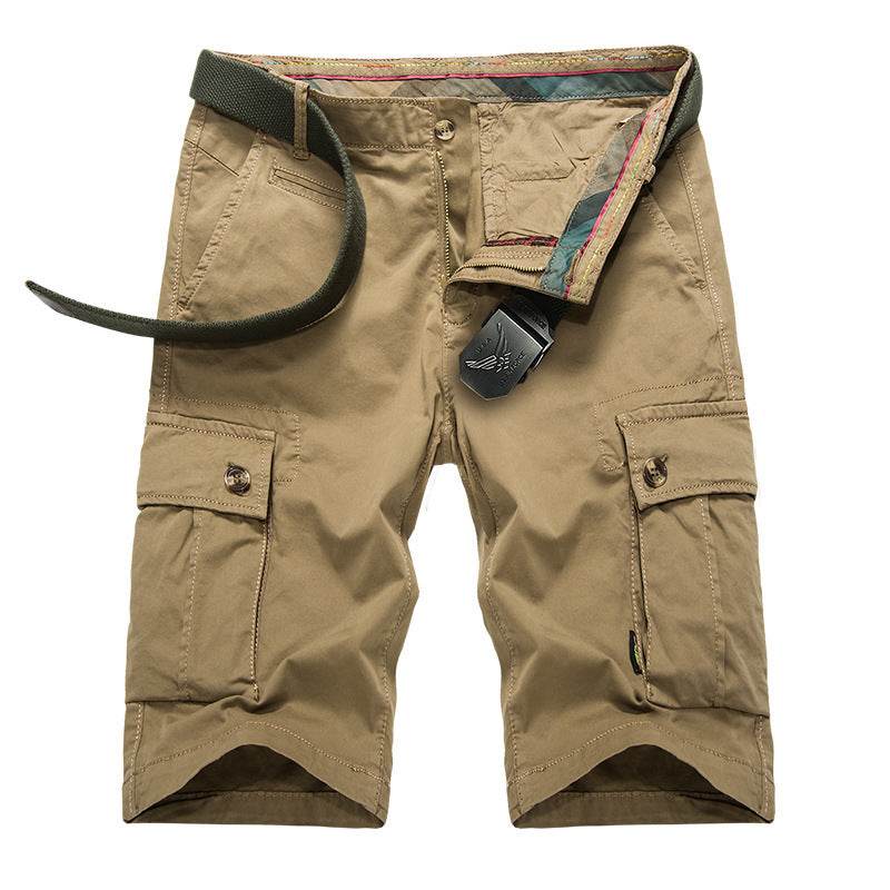 Mens Outdoor Big Pockets Solid Color Knee Length Cargo Pants Casual Cotton Beach Shorts - Mubimart