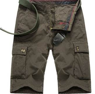 Mens Outdoor Big Pockets Solid Color Knee Length Cargo Pants Casual Cotton Beach Shorts - Mubimart