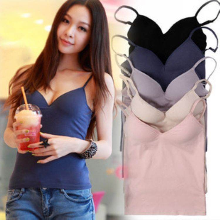 Women Padded Bra Spaghetti Strap V Neck Vest Cami Tank Tops Shirt Blouse - Mubimart