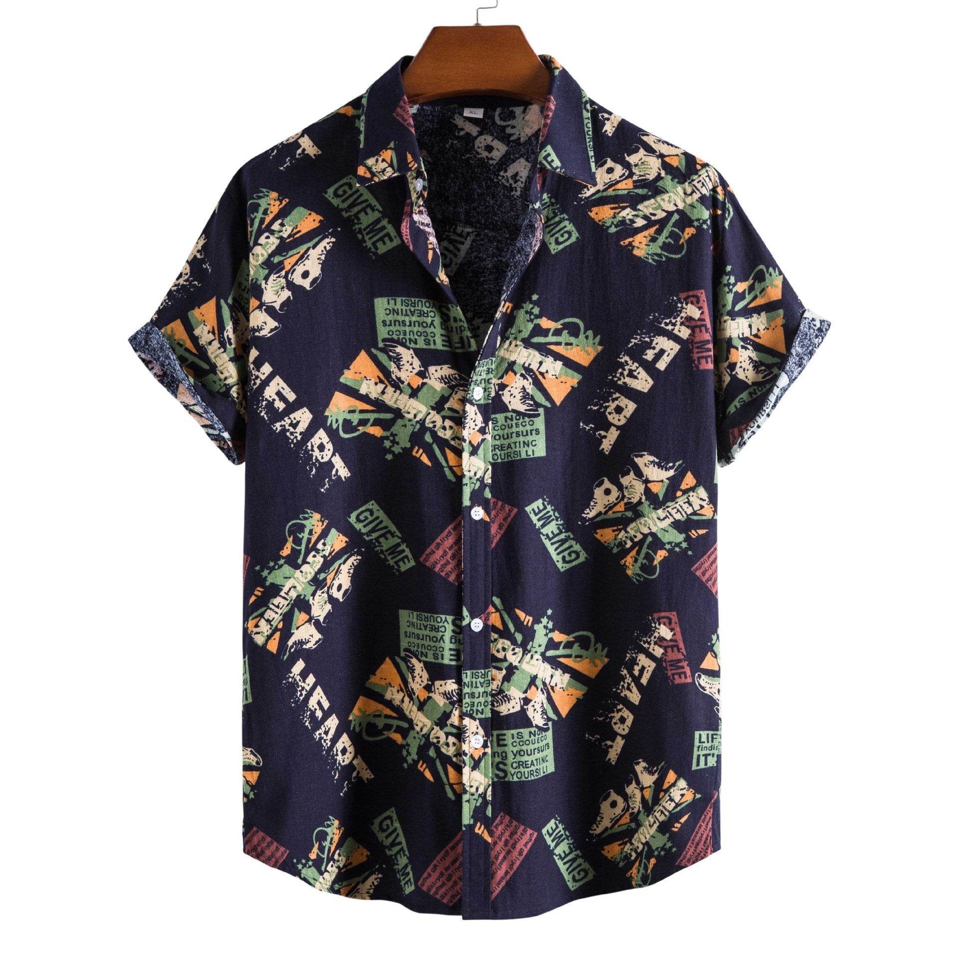 Vintage Letter Print Turn-down Collar Shirts Men Casual Short Sleeve Tops Summer Mens Button Loose Shirt Fashion Streetwear - Mubimart