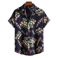 Vintage Letter Print Turn-down Collar Shirts Men Casual Short Sleeve Tops Summer Mens Button Loose Shirt Fashion Streetwear