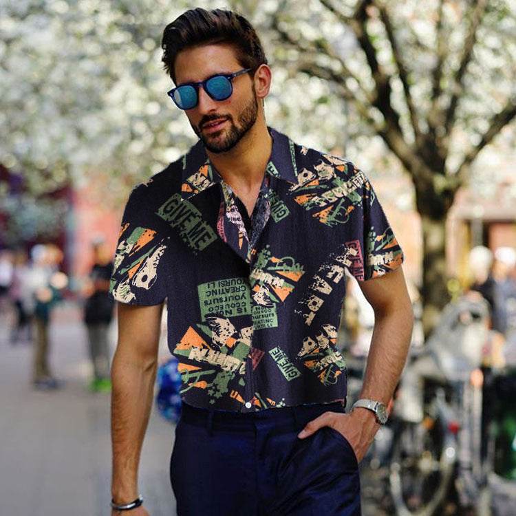 Vintage Letter Print Turn-down Collar Shirts Men Casual Short Sleeve Tops Summer Mens Button Loose Shirt Fashion Streetwear - Mubimart