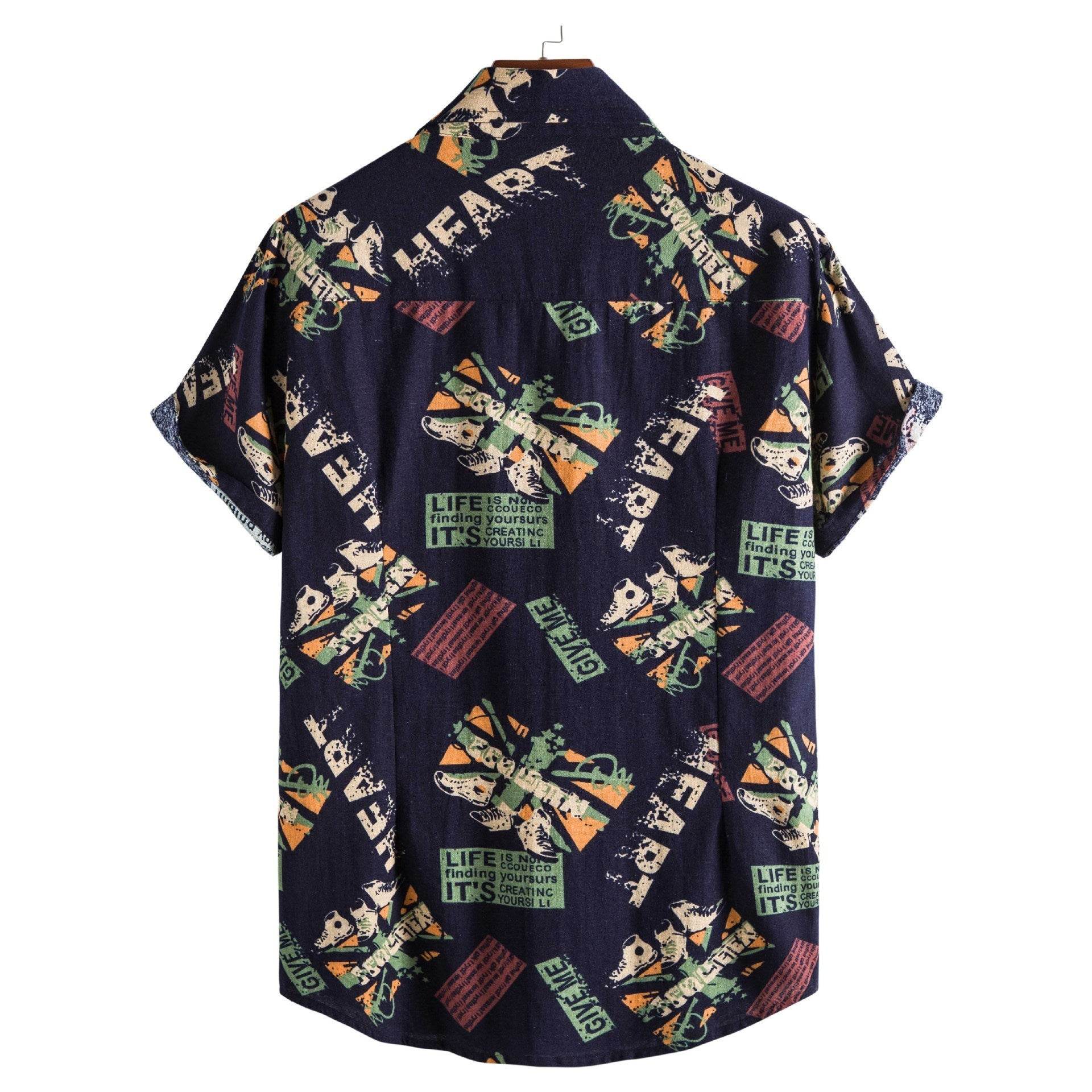 Vintage Letter Print Turn-down Collar Shirts Men Casual Short Sleeve Tops Summer Mens Button Loose Shirt Fashion Streetwear - Mubimart
