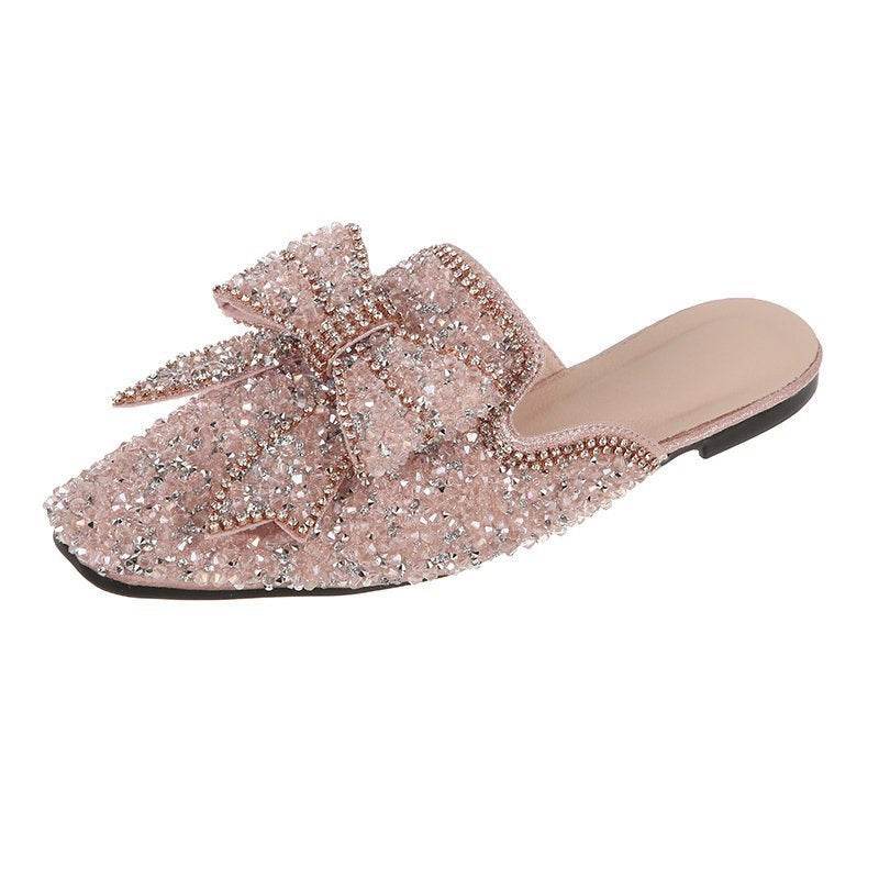 Womens Flats Shoes Mules Slippers Bling Rhinestone Butterfly - Mubimart