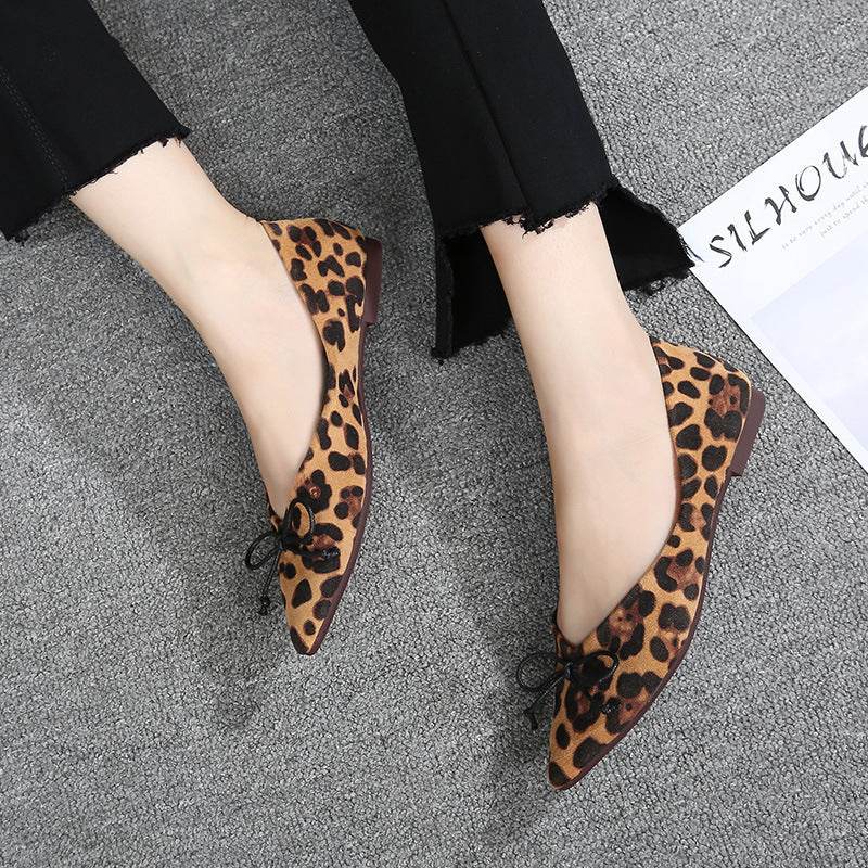 Women flats Shoes Leopard Pattern Slip On ballerina Pointed Toe Suede - Mubimart