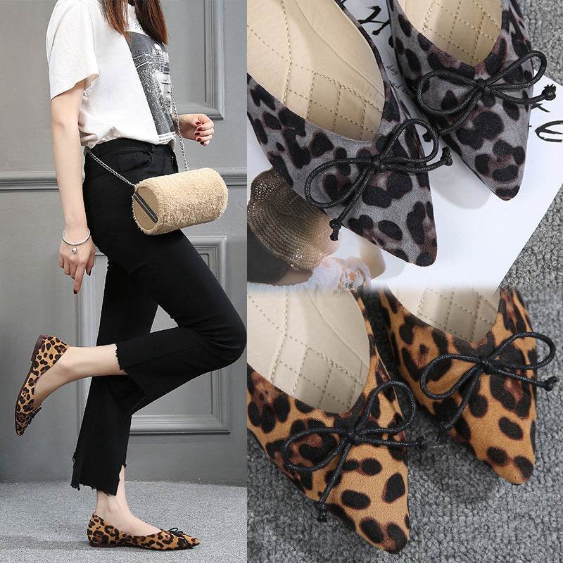 Women flats Shoes Leopard Pattern Slip On ballerina Pointed Toe Suede - Mubimart