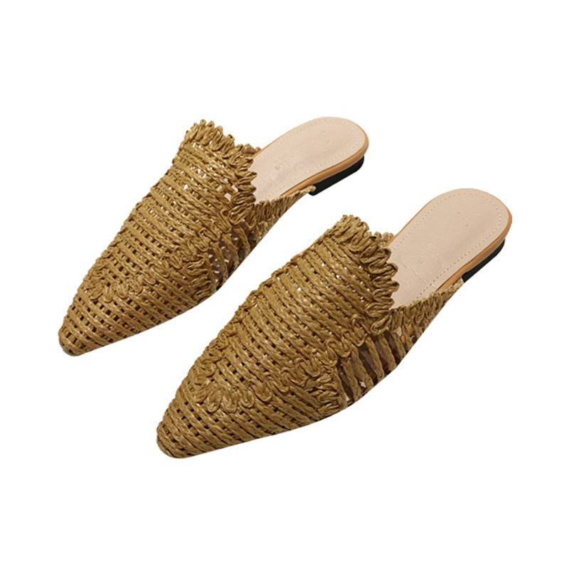 Womens Flats Shoes Mules Rattan Slippers Hollow Slipper Pointed Toe - Mubimart