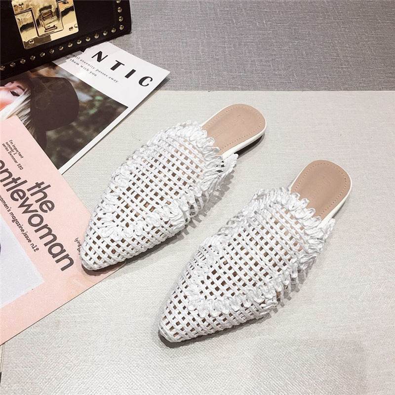 Womens Flats Shoes Mules Rattan Slippers Hollow Slipper Pointed Toe - Mubimart