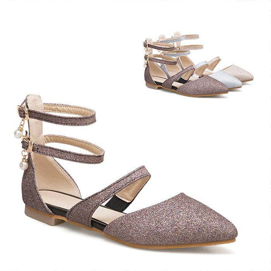 Womens Flats Shoes Ballet Dorsay Ankle Strap Glitter Sparkle - Mubimart