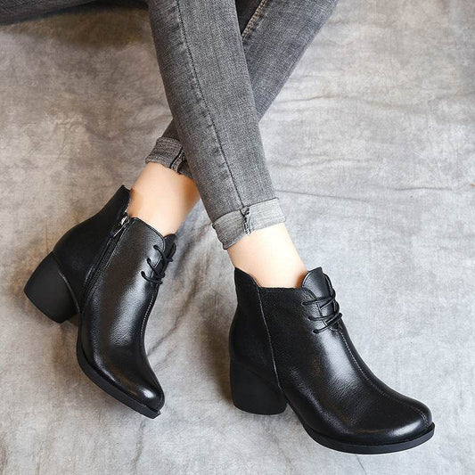 New Retro Leather Comfortable Thick Heel Women Boots High Heel Martin Boots Leather Boots Short Boots Women - Mubimart
