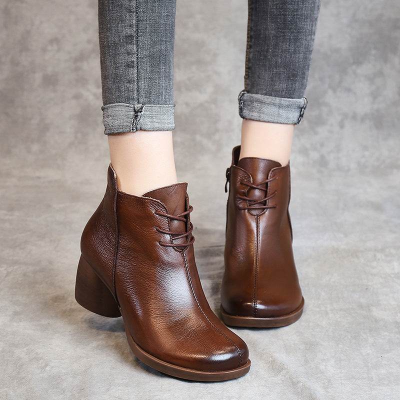 New Retro Leather Comfortable Thick Heel Women Boots High Heel Martin Boots Leather Boots Short Boots Women - Mubimart