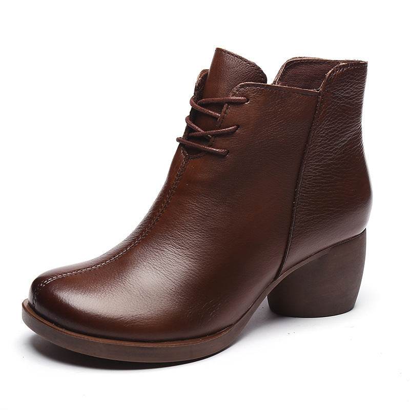 New Retro Leather Comfortable Thick Heel Women Boots High Heel Martin Boots Leather Boots Short Boots Women - Mubimart