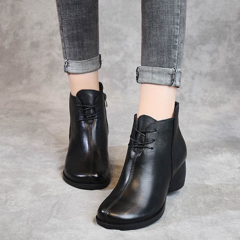 New Retro Leather Comfortable Thick Heel Women Boots High Heel Martin Boots Leather Boots Short Boots Women - Mubimart