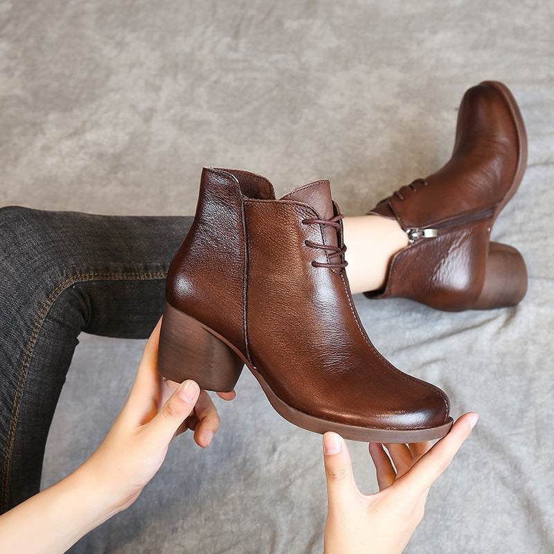 New Retro Leather Comfortable Thick Heel Women Boots High Heel Martin Boots Leather Boots Short Boots Women - Mubimart