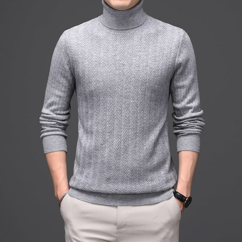 Pure Wool Mens High Neck Warm Sweater Thick Striped Pullover Sweater