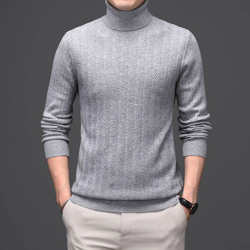 Pure Wool Mens High Neck Warm Sweater Thick Striped Pullover Sweater - Mubimart