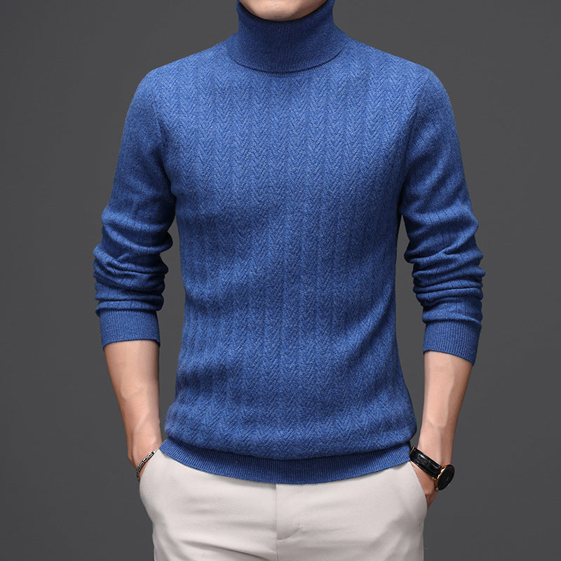 Pure Wool Mens High Neck Warm Sweater Thick Striped Pullover Sweater