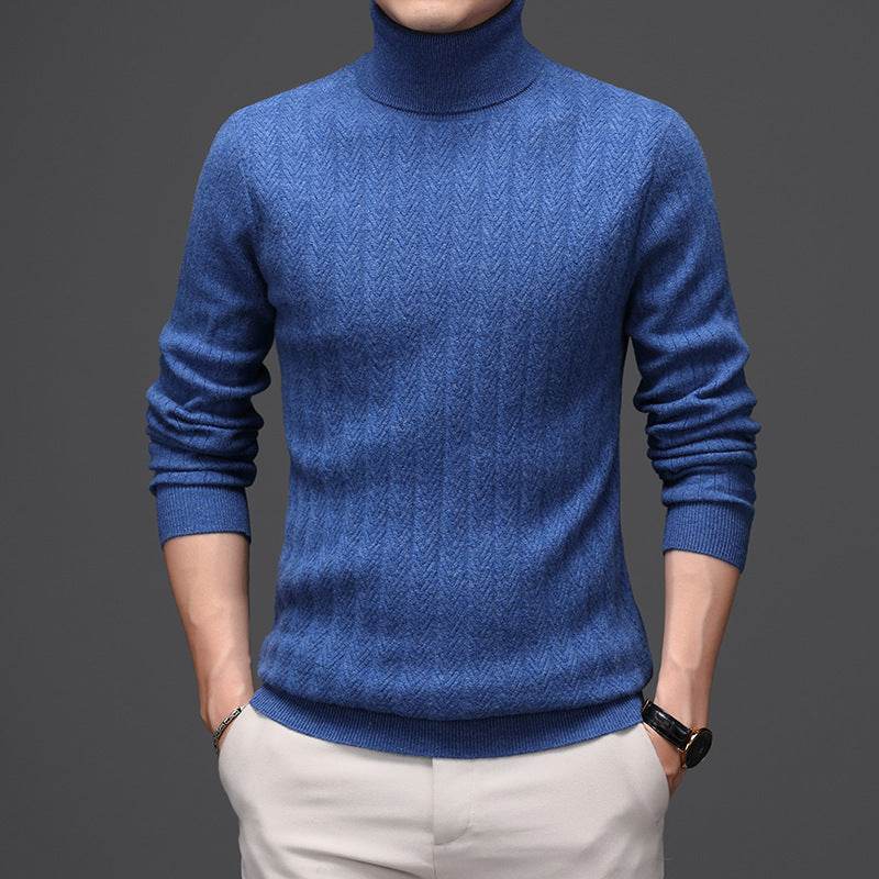 Pure Wool Mens High Neck Warm Sweater Thick Striped Pullover Sweater - Mubimart