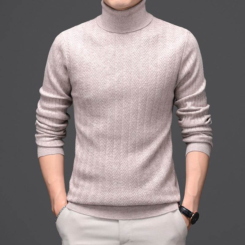 Pure Wool Mens High Neck Warm Sweater Thick Striped Pullover Sweater - Mubimart