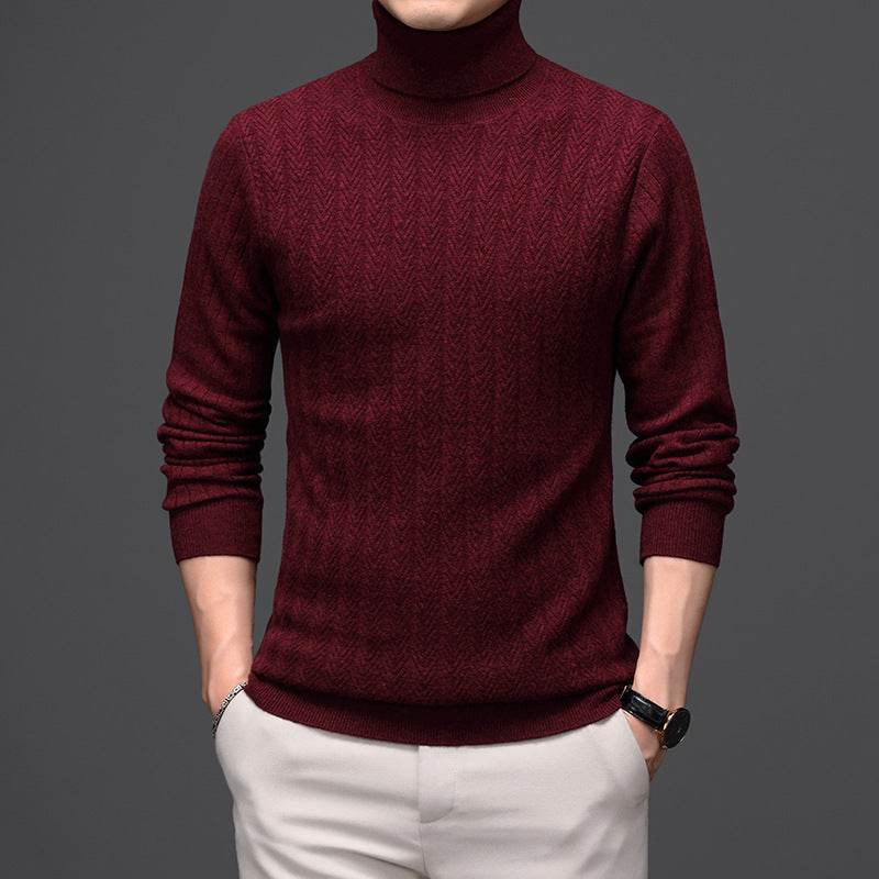 Pure Wool Mens High Neck Warm Sweater Thick Striped Pullover Sweater - Mubimart