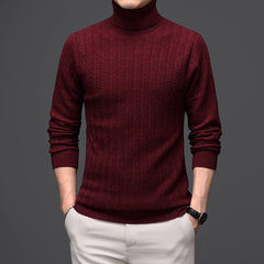 Pure Wool Mens High Neck Warm Sweater Thick Striped Pullover Sweater