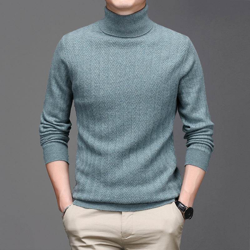 Pure Wool Mens High Neck Warm Sweater Thick Striped Pullover Sweater - Mubimart