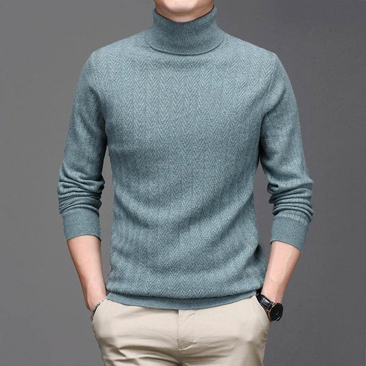 Pure Wool Mens High Neck Warm Sweater Thick Striped Pullover Sweater - Mubimart
