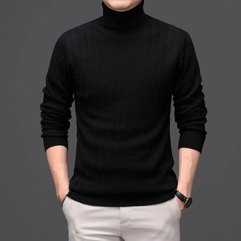 Pure Wool Mens High Neck Warm Sweater Thick Striped Pullover Sweater - Mubimart
