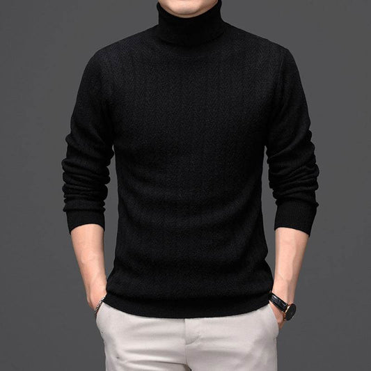 Pure Wool Mens High Neck Warm Sweater Thick Striped Pullover Sweater - Mubimart