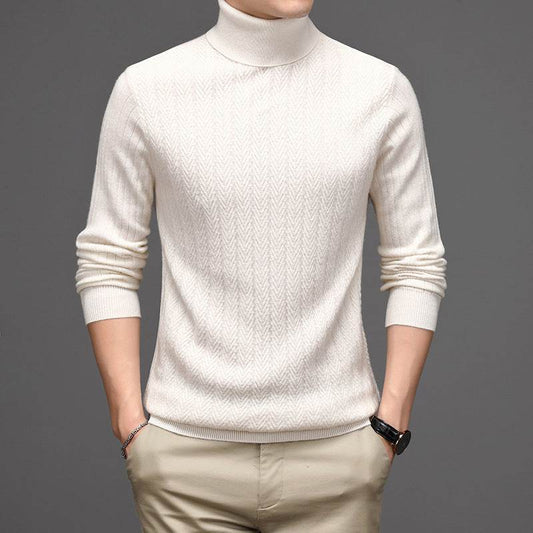 Pure Wool Mens High Neck Warm Sweater Thick Striped Pullover Sweater - Mubimart