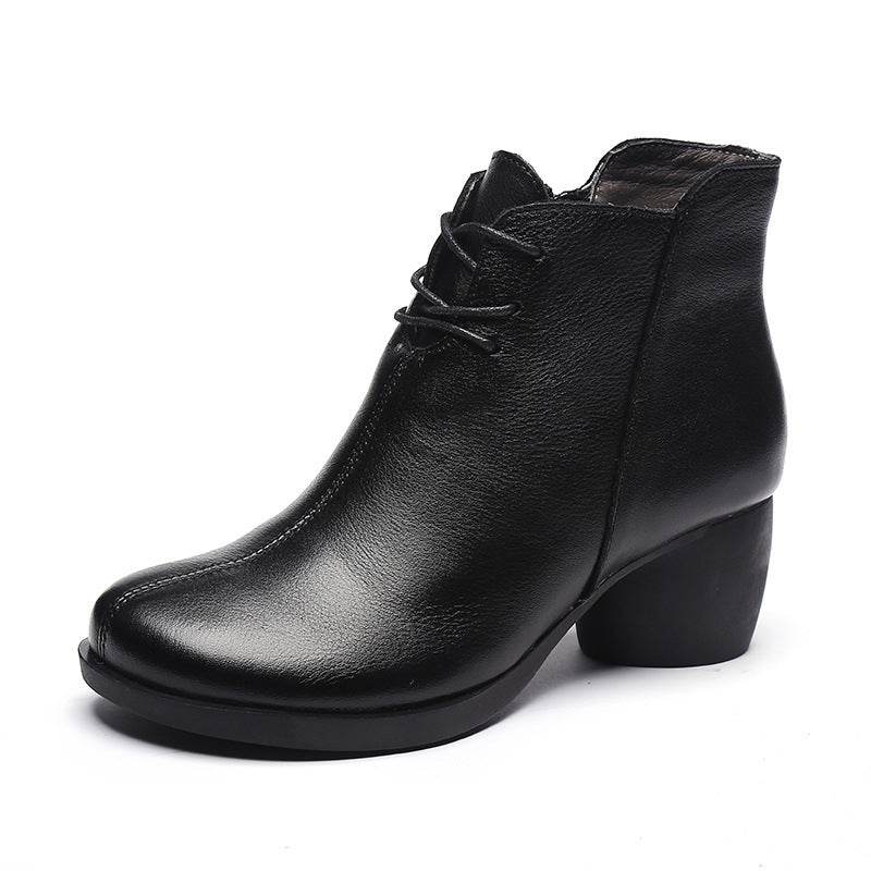New Retro Leather Comfortable Thick Heel Women Boots High Heel Martin Boots Leather Boots Short Boots Women - Mubimart