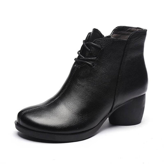 New Retro Leather Comfortable Thick Heel Women Boots High Heel Martin Boots Leather Boots Short Boots Women - Mubimart