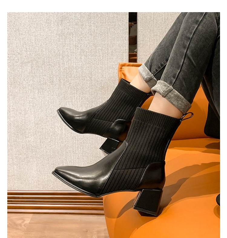 Chunky Heel Square Toe Knit Martin Boots - Mubimart