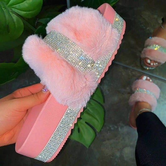 Large size rhinestone plush slipper - Mubimart
