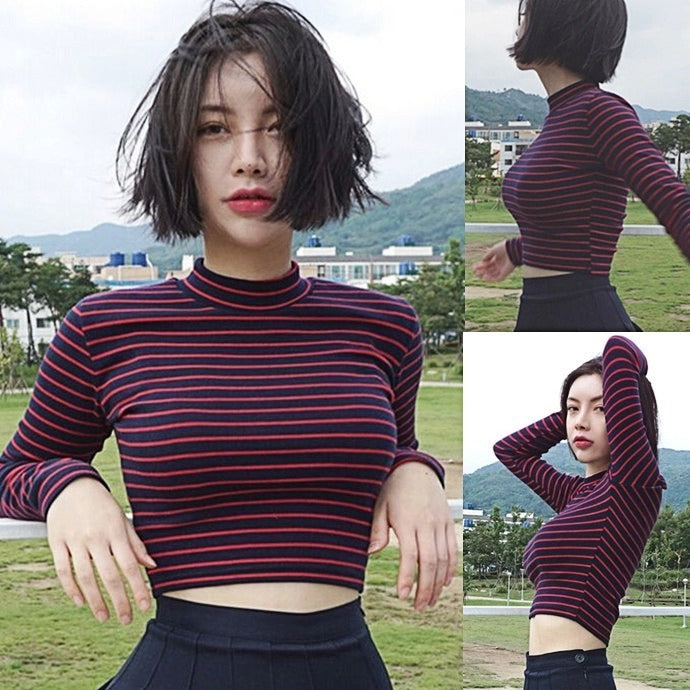 Crop Tops Women Chic All-match Classic Stripe Slim Short Bustier Crop Top Turtleneck Long Sleeved T-shirt Sexy Shirts Tee - Mubimart - Crop Top 