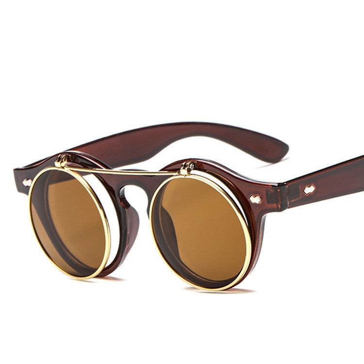 Sunglasses Women Brand Designer Retro Round Steampunk Steam Punk Metal Flip Cover Fashion Sun Glasses - Mubimart