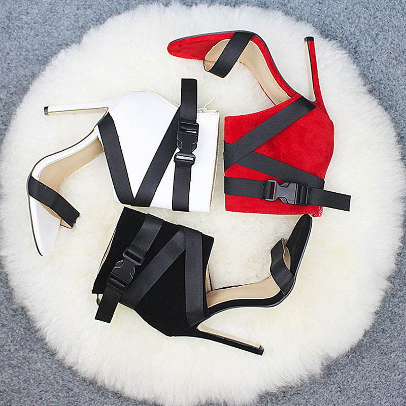 Open Toe Fashion Style Woven Buckle Stiletto Heels Peep Toe Women's Shoes - Mubimart