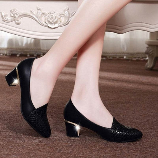 Pointed Single Shoes Women's Middle Heel Thick Heel Shoes Large Size Work Shoes - Mubimart