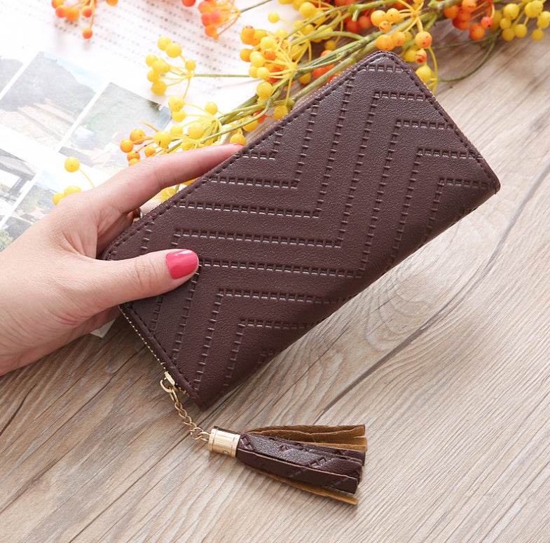 New women's wallet single pull fringed bag long zipper student bag clutch bag - Mubimart