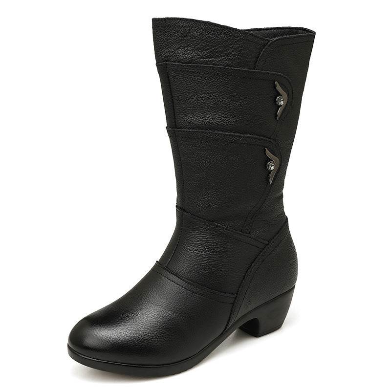 Boots tall thin and thin plus fleece thick heel rider boots - Mubimart