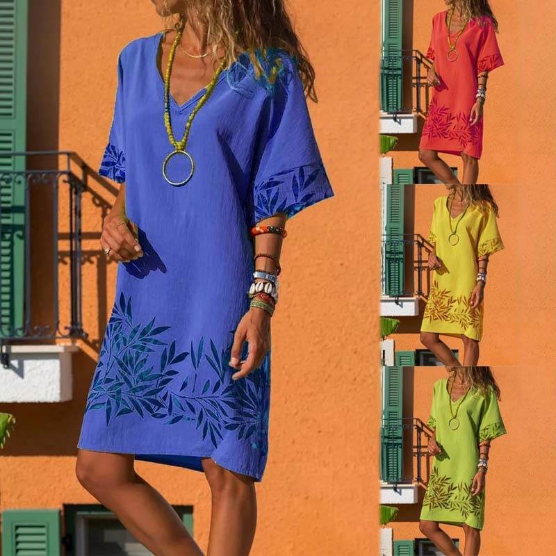 Casual V-neck plus size dress - Mubimart