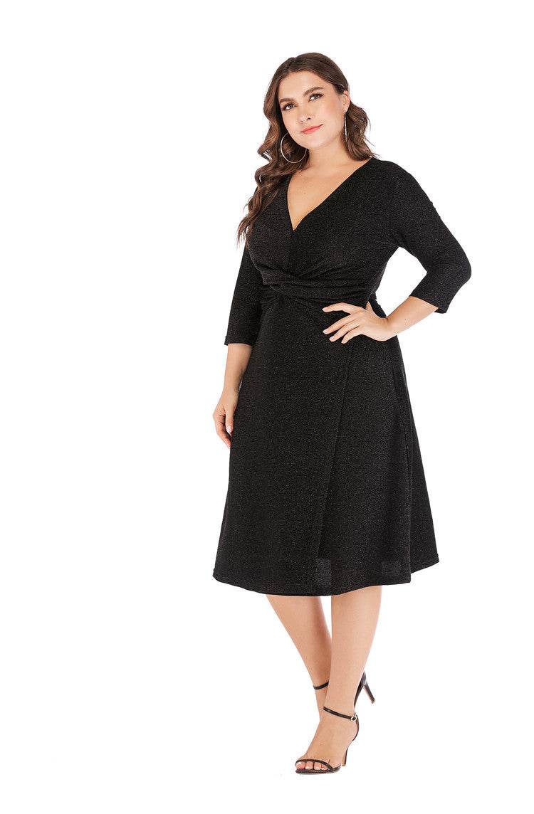 Plus Size V-neck 34 Sleeves High Waist Midi Skirt Bright Silk Party Dress - Mubimart