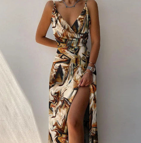 V-neck Slip Dress Low Cut Printed Slit Dress - Mubimart -  