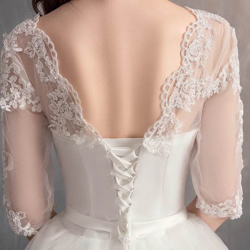 Half Sleeve Wedding Dresses Long Train Bridal Gown - Mubimart