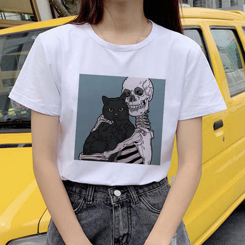 Horro Skull and Cat Femal Tshirt Top Tees kawai T-shirt - Mubimart -  