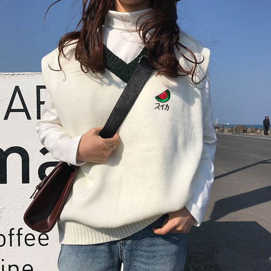 Fruit Japanese embroidery sweater vest - Mubimart