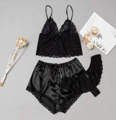 Satin Lingerie Lace Shorts Set - Mubimart -  